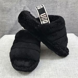 UGG Australia Women Fluff Yeah Slide Black Shearling Slippers US Size 5